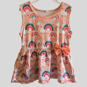 Rainbow Sun & Cloud Girls Tiered Top Size 7Y Peach Bow Summer Ruffle Shirt
